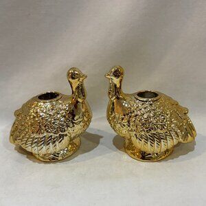 Pair of VTG Porcelain Thanksgiving Turkey Taper Candle Stick Holders Gold Finish